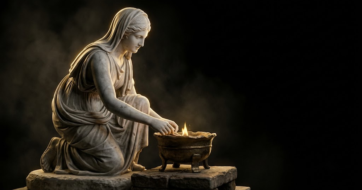 A marble statue of Hestia tending a small bronze brazier in a dark hall, gold flame light, void black