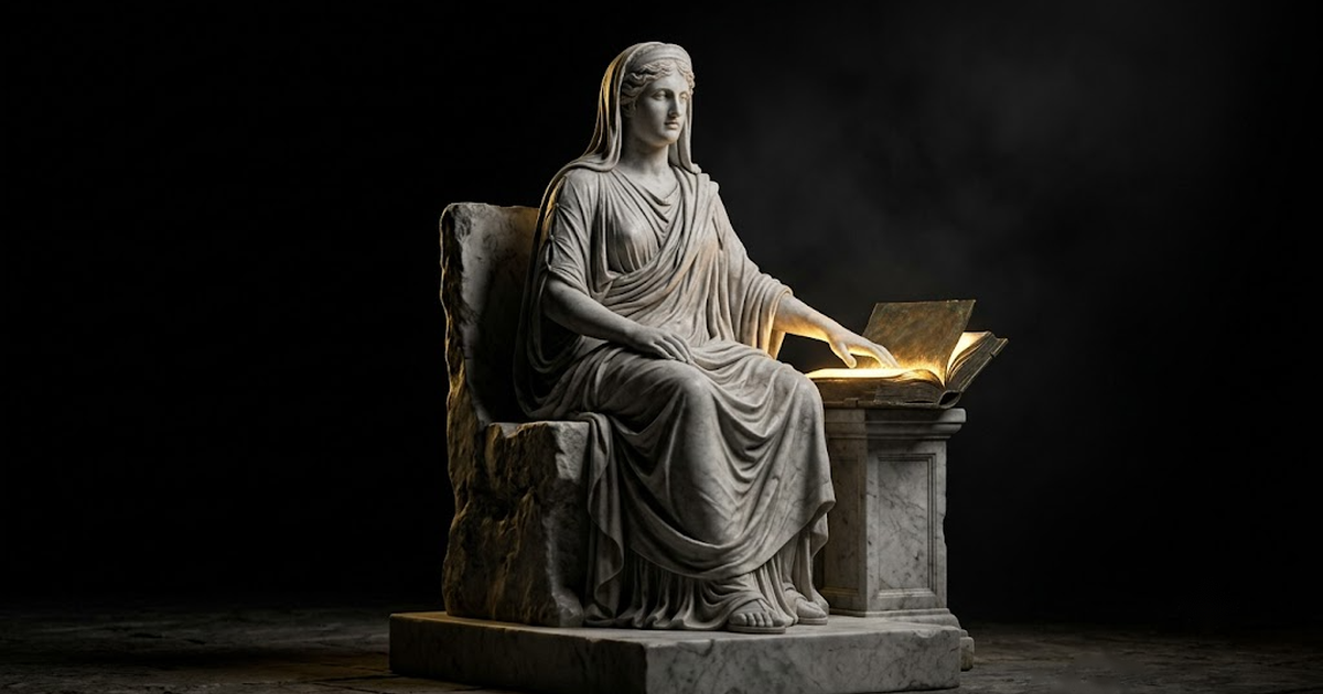 A marble statue of the Delphic oracle figure beside a glowing open bronze book on void black, gold light