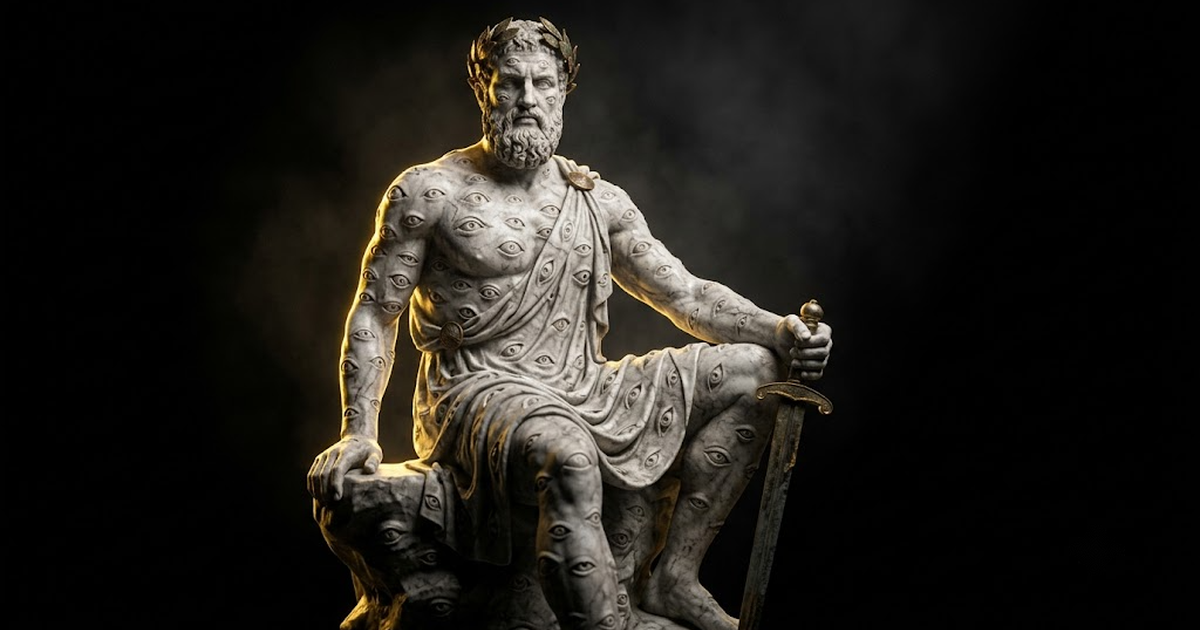 A marble statue of Argus Panoptes covered in carved eyes, gold rim light, void black background