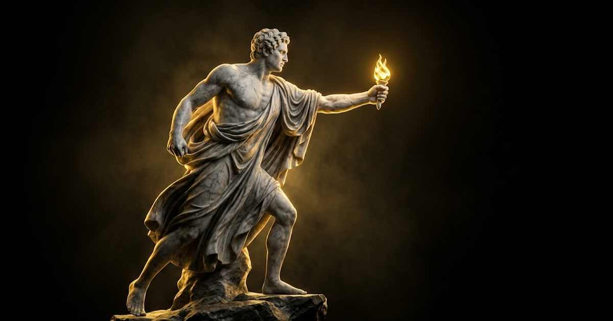 A marble statue of Prometheus holding a single gold flame forward into darkness, void black, gold rim light