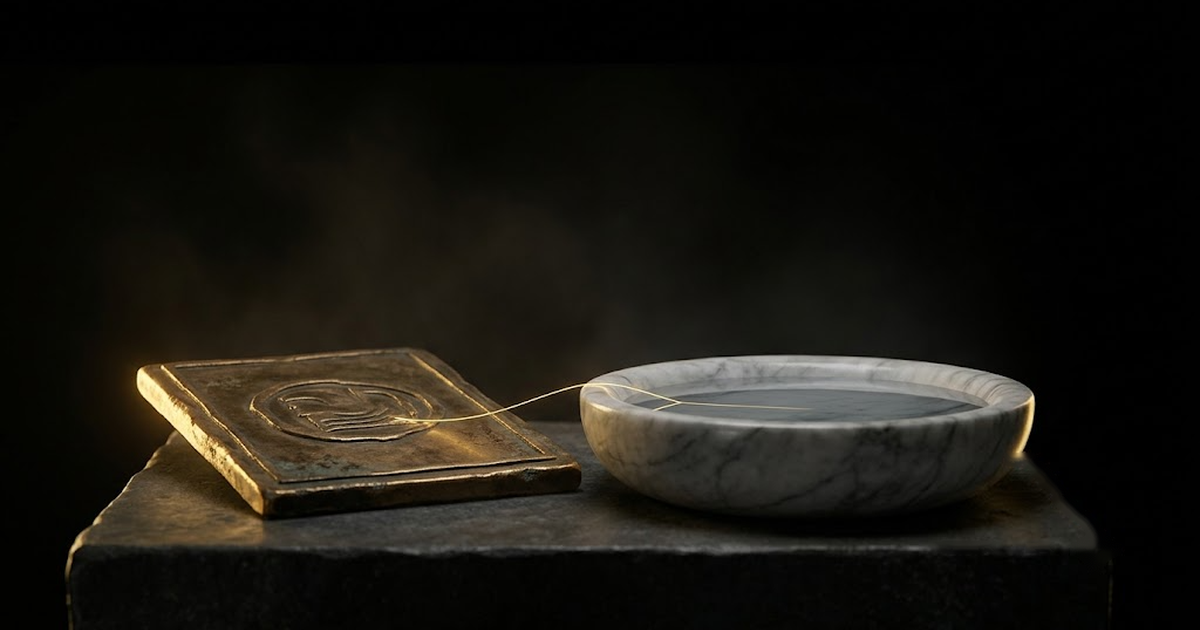 A sealed bronze tablet beside a marble vessel of water, joined by a thread of gold light on void black