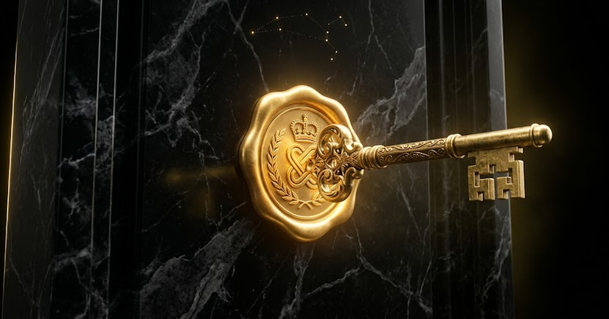 A receding tide line on a marble shore rendered in void black and satin gold, classical Greek coastal architecture half submerged, the gold catching where the water pulls back, minimal and editorial, 