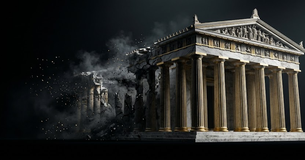 A Greek temple of intelligence on a void black ground, columns turning from gold to shadow as one side dissolves, symbolising data leaving a perimeter, satin gold highlights, marble and architecture, 
