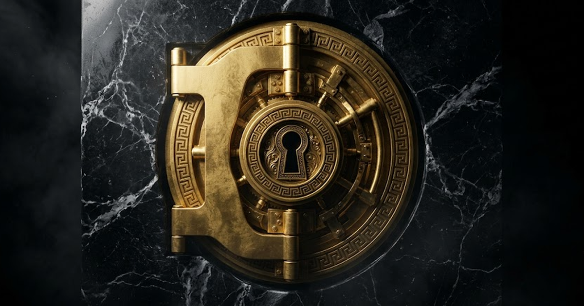 A sealed golden vault door set into black marble, Hellenic key motifs and a single ornate keyhole, the idea of held keys and a closed data path, void black background, satin gold detail, no text, no d