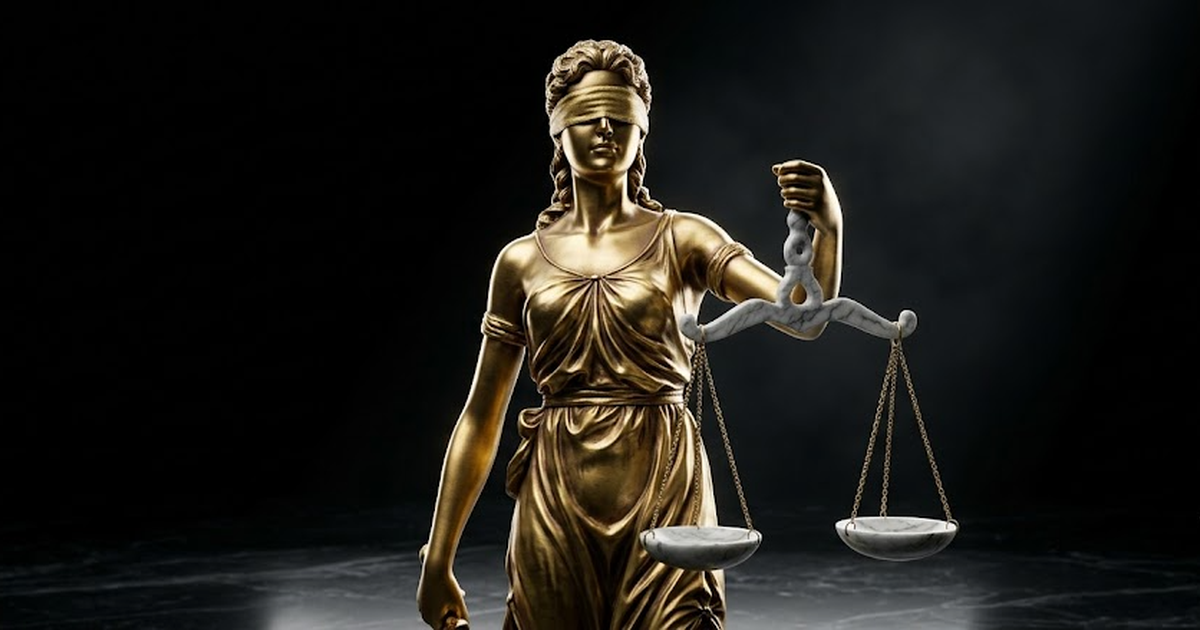 A blindfolded golden statue of Nemesis against void black, marble scales of audit at her side, representing unseen insider risk and accountability, satin gold accents, classical and abstract, no reali