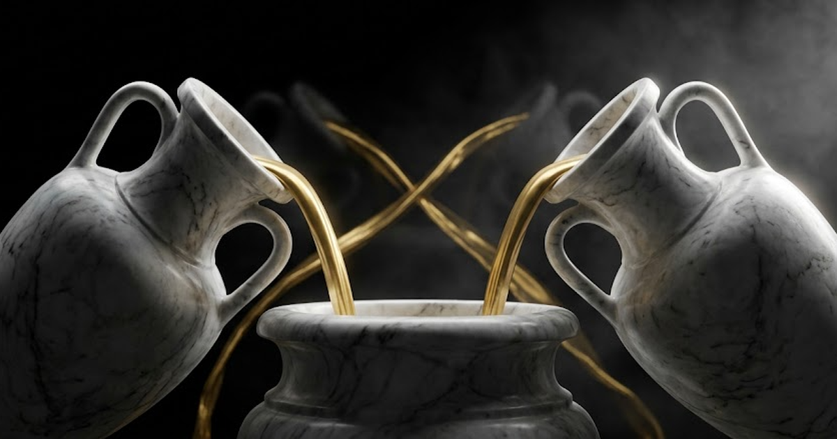 Two identical Greek vessels drawing from one shared cistern, gold reflections crossing between them in the black, symbolising multi-tenant shared infrastructure and contamination, void black and satin
