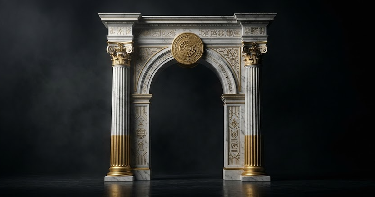 A solitary owned colonnade standing sovereign on black ground, a golden Open Audit Record seal carved into its keystone, post-quantum sigils as classical ornament, satin gold, marble and gold, no text