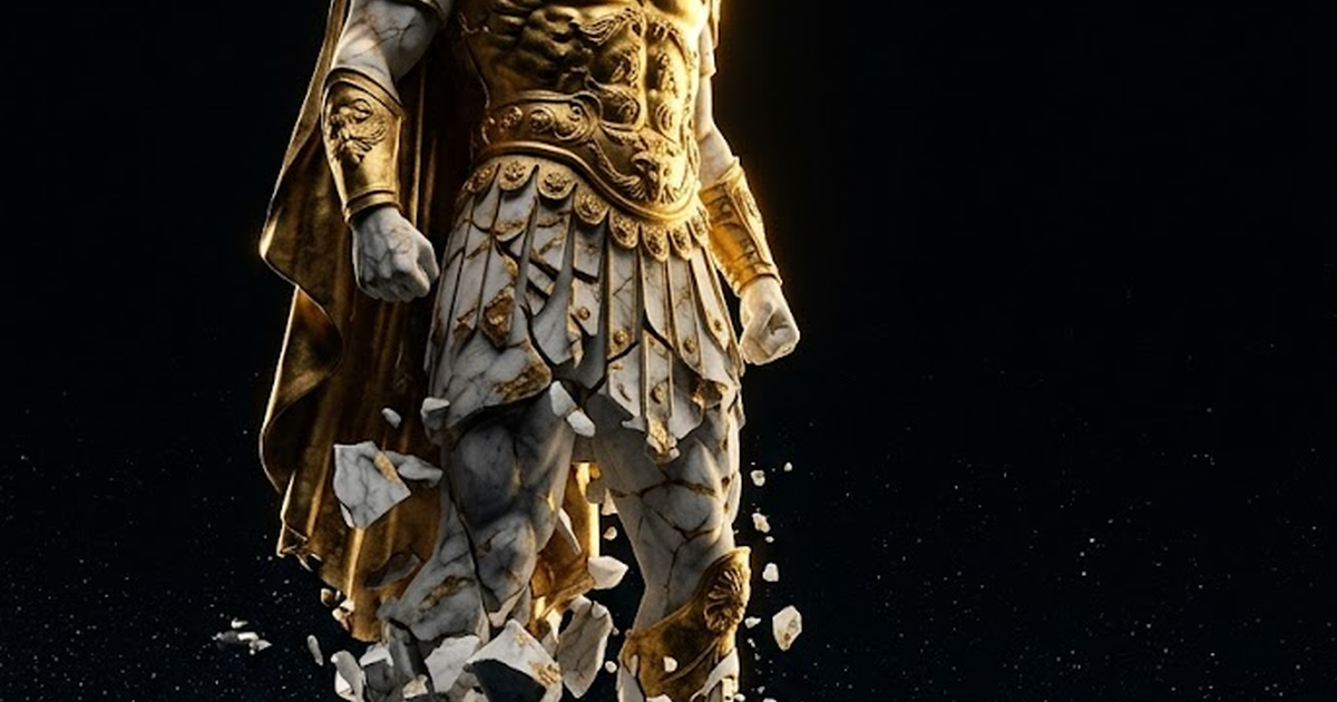 A colossal golden titan dissolving into shadow against a void black sky, marble cracking into constellations