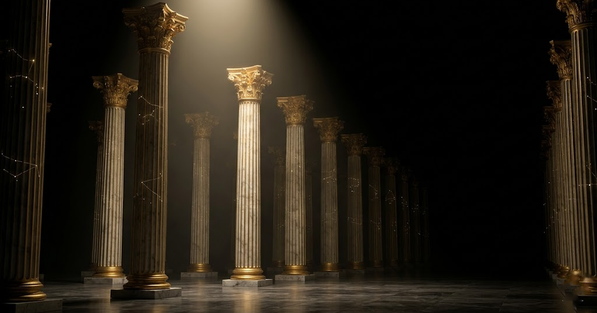 A pantheon of golden columns under a starfield, each column inscribed with faint constellation lines, deep negative space