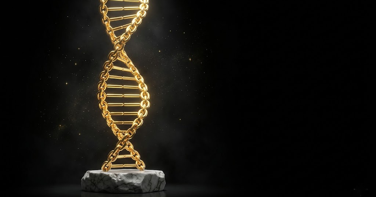 A golden double helix of light rising through darkness, each rung a sealed link in a chain, cosmic backdrop