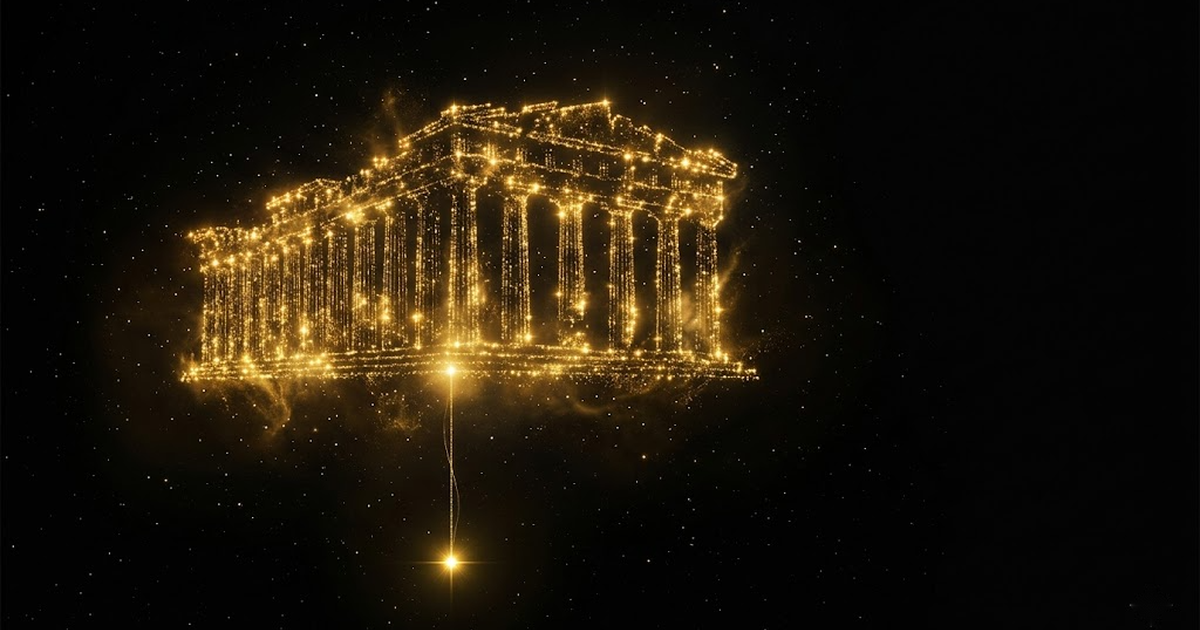 A vast golden constellation forming the silhouette of a temple anchored to a single bright star, void black space around it