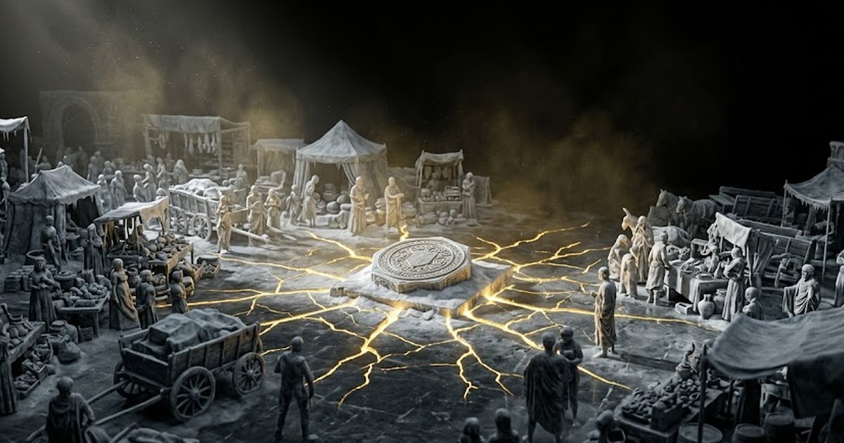 Themis stands in void black, her scales tipping as one pan fills with grey unsigned promises while the marketplace behind her sits frozen in stillness