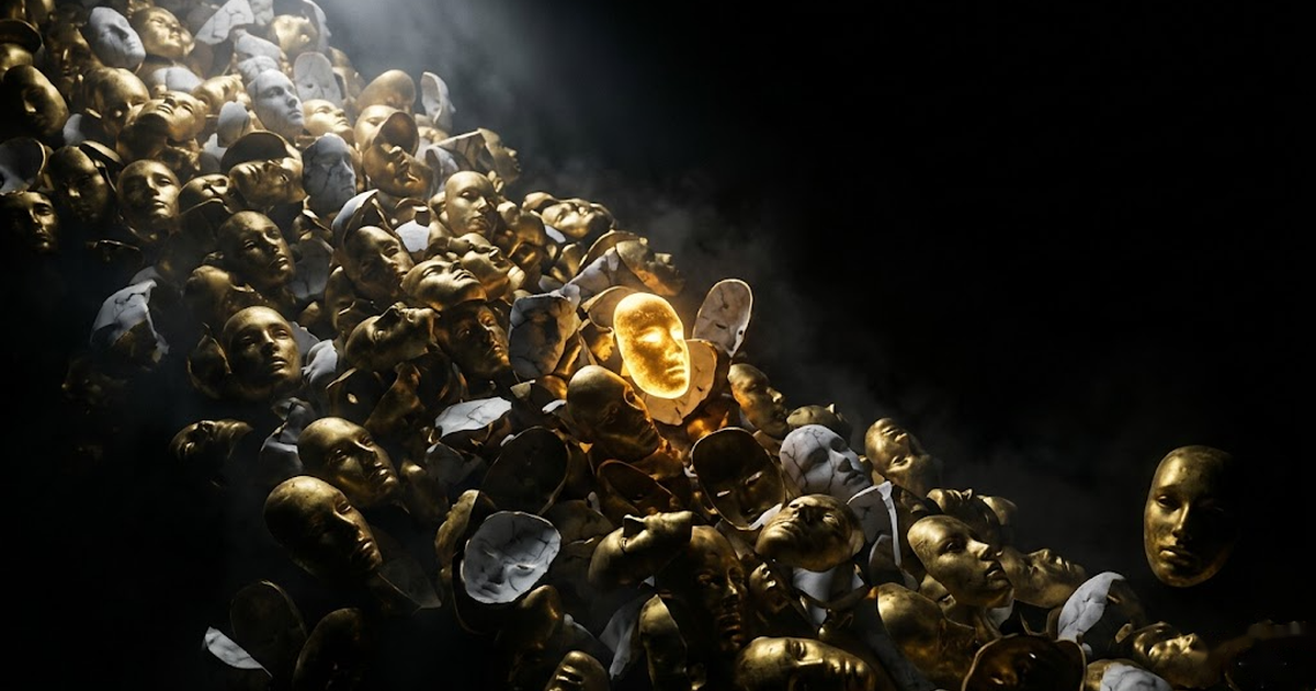 A single glowing cryptographic seal in satin gold lands in one pan of Themis's scales and outweighs a vast grey heap of unsigned claims