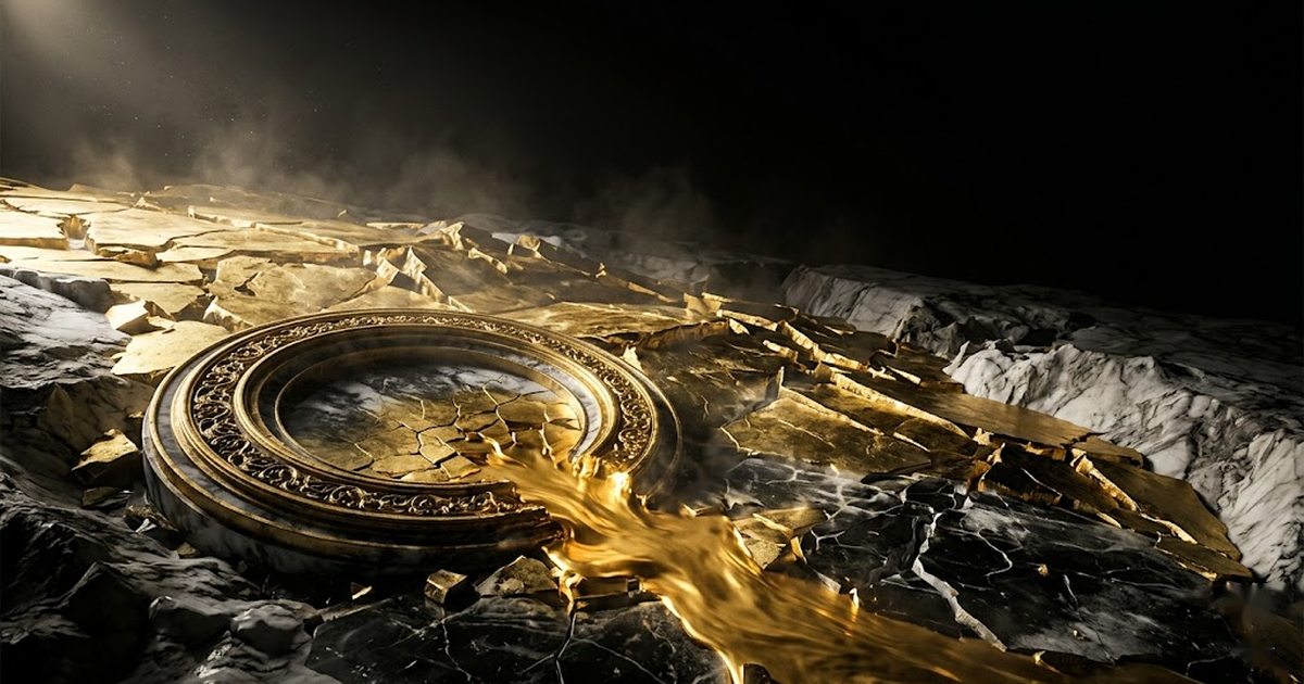 Behind Themis the frozen marketplace cracks and thaws, figures beginning to move and trade as cold blue stillness gives way to warm gold light