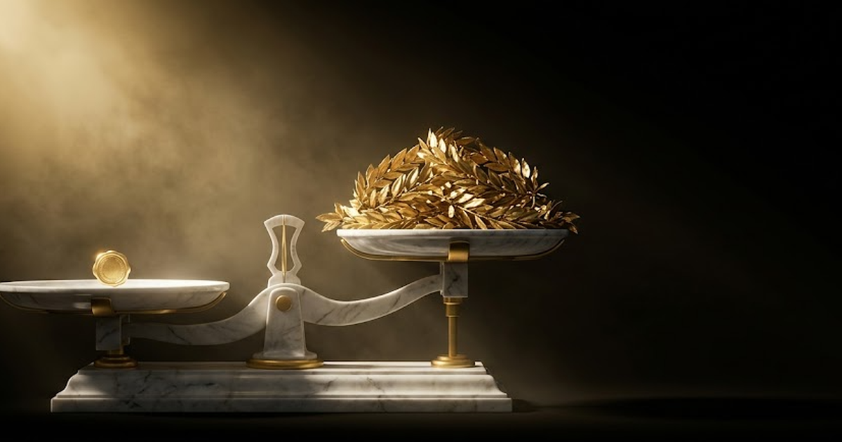 Themis, colossal and golden, lowers her scales, one pan holding a single glowing cryptographic seal that outweighs a vast heap of unsigned promises, a frozen grey marketplace thawi