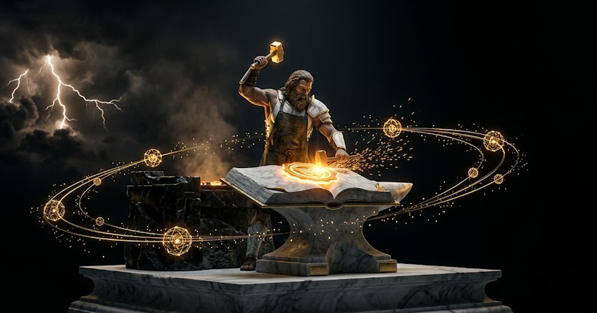 Hephaestus at a void black forge, hammer raised, striking a glowing satin gold audit seal onto an anvil shaped like a ledger, first sparks leaping