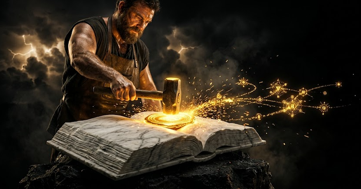 Close on the gold seal under the hammer, the ledger anvil glowing, the first sparks beginning to lift and curve into orbiting points of light against void black