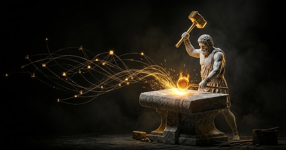 Wide cinematic view of the forge, the struck seal now blazing on the ledger anvil, dozens of sparks resolved into a constellation of validator nodes orbiting outward in deep gold against the void
