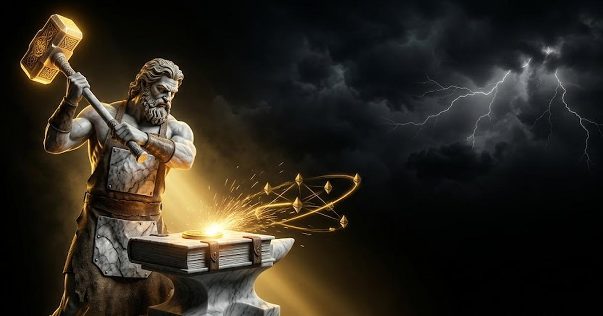 Hephaestus stepping back from the cooling ledger anvil, the gold seal set and luminous, a full orbit of validator nodes ringing it in steady satin gold light against deep void black