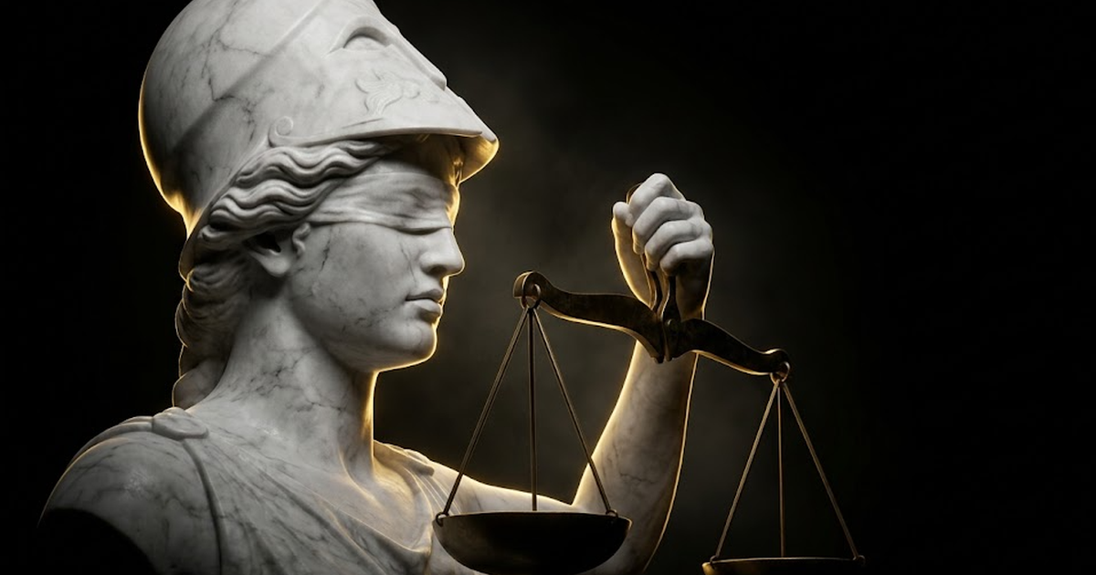 A marble bust of Themis, the goddess of justice, lit by a single hard gold rim light against pure void black, her scales held level in deep shadow
