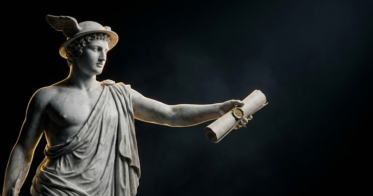 A carved marble figure of Hermes holding out a sealed scroll, gold rim light catching the wax seal, vast dark space around him