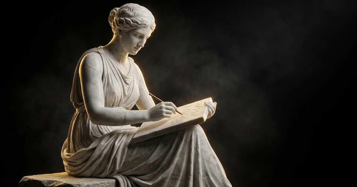 A marble statue of Mnemosyne, goddess of memory, inscribing a tablet that glows with thin gold light, the rest of the scene falling away into black