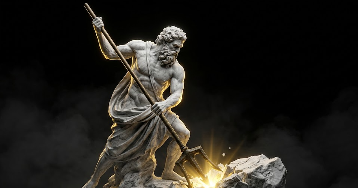 A heroic marble figure of Poseidon driving a trident into bedrock, gold light glinting where it strikes, anchoring a structure that recedes into deep black space