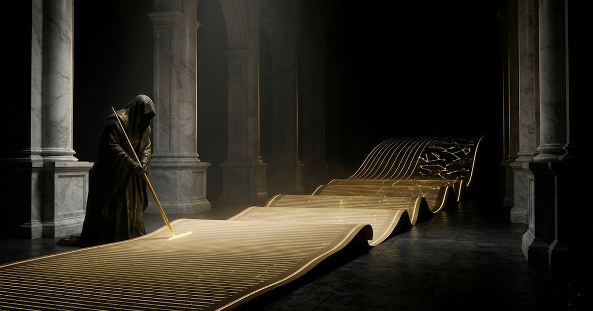 A vast golden ledger unrolling across a void-black hall, its lines glowing like constellations, with a faceless titan poised to inscribe a single luminous mark.