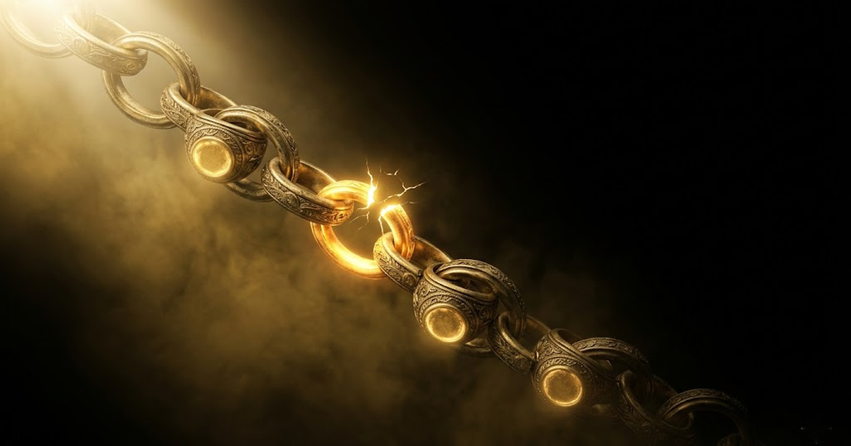 A golden hash-chain of interlocking rings descending into darkness, each link sealed with a glowing seal, one broken link flaring red-gold to reveal tampering.
