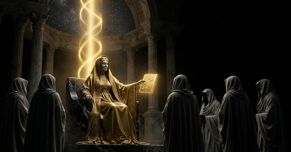 An ancient oracle of gold and shadow seated before a tribunal of faceless robed figures in a darkened pantheon, calmly extending a single glowing golden tablet of light, a helix of gold anchoring upward into distant stars.