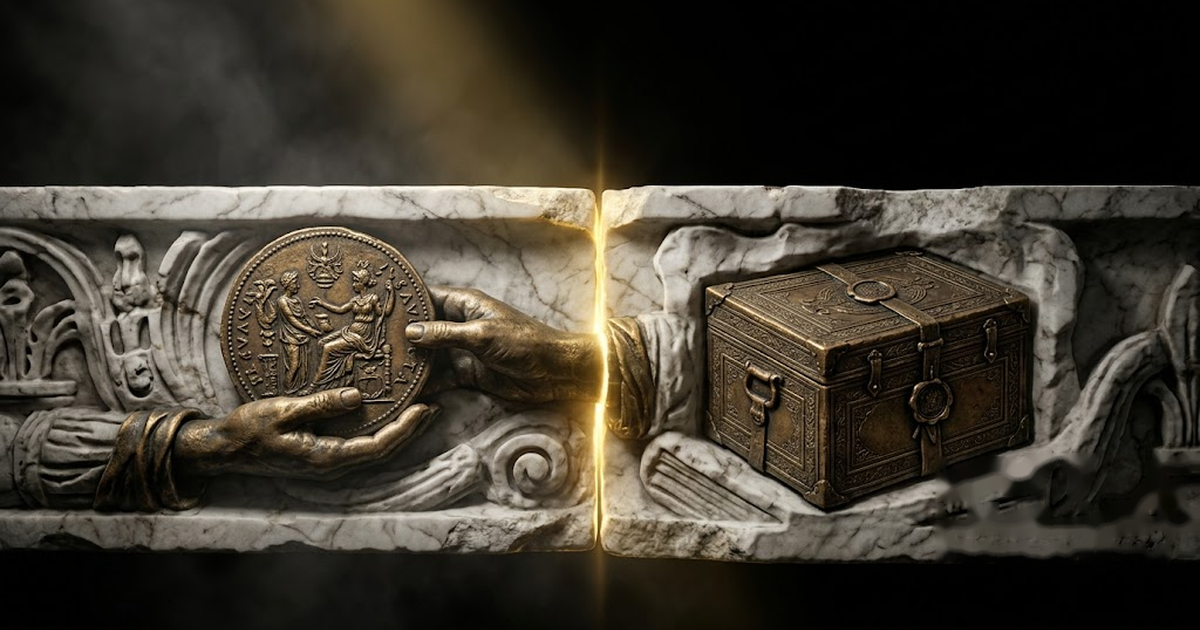 Two eras shown as one continuous rail, a tokenised asset on the left handing off to a sealed AI decision on the right