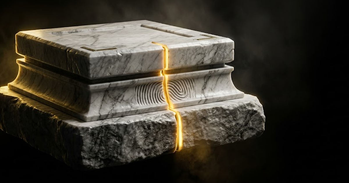 Three stacked translucent layers, a signed record, a hash descending to a Bitcoin block, and a sovereign machine at the base