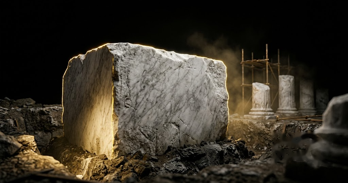 A foundation stone set first and deepest beneath a structure still under construction around it