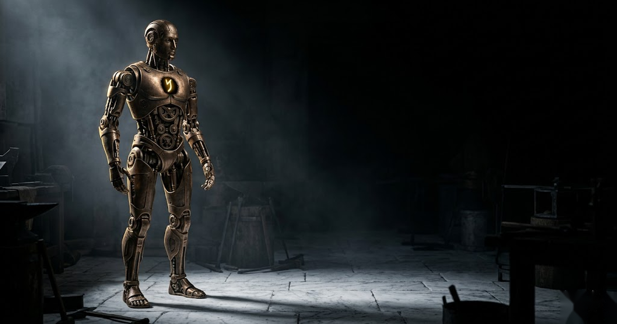 A bronze Greek automaton in a marble workshop with a single glowing gold seal struck into its chest plate, against a black background.