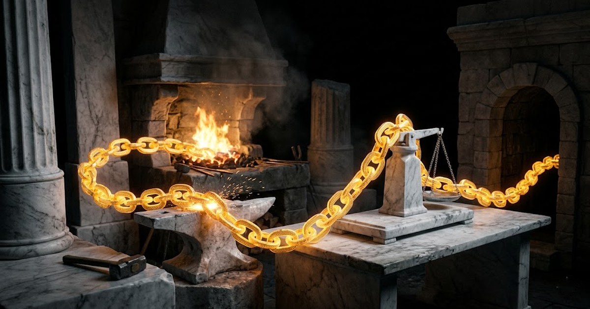 A looping chain of glowing gold coins forged in a Greek smithy, each stamped with a geometric seal, moving from anvil to scale to vault against a black ground.