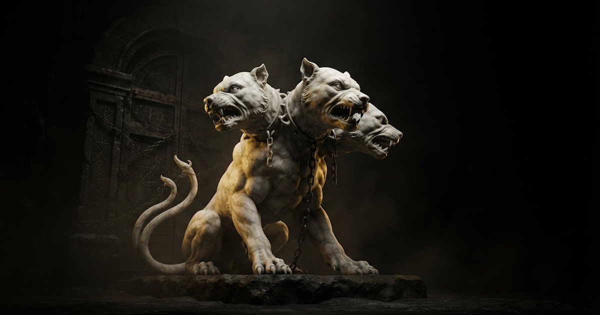 Colossal marble statue of Cerberus the three-headed hound standing guard before a dark gateway lit by gold light