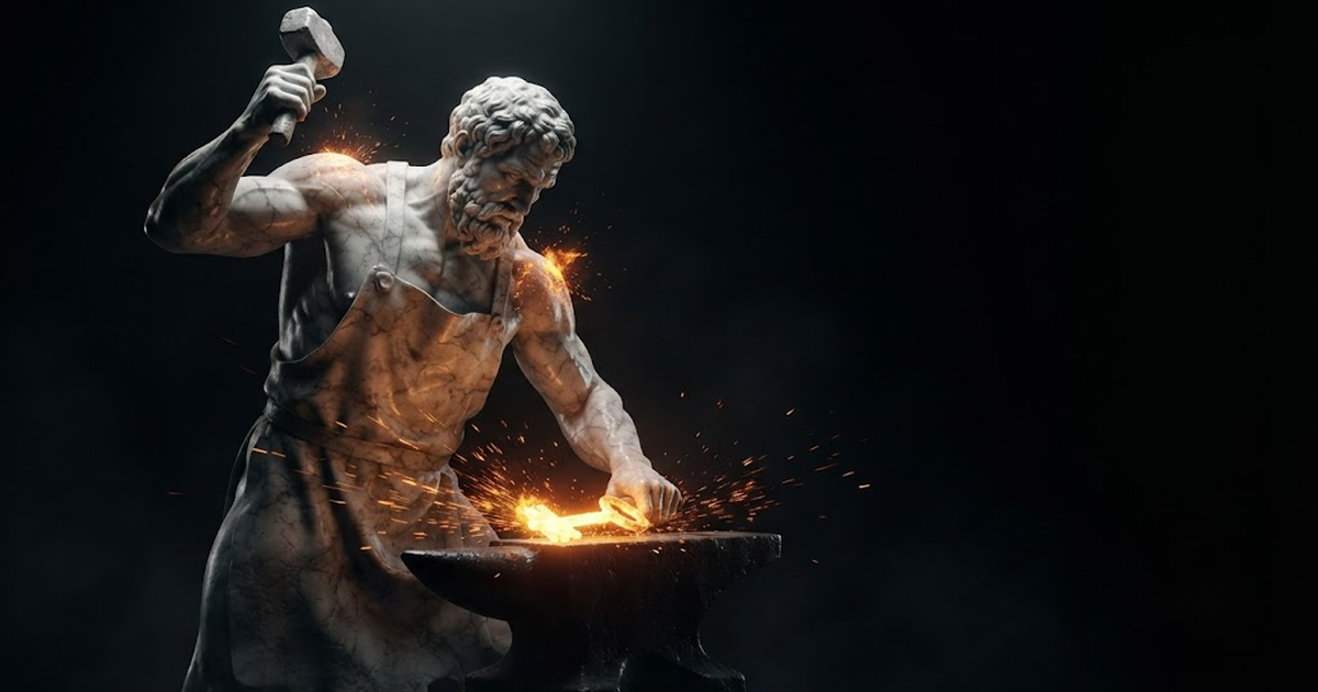 Colossal marble statue of the smith god Hephaestus forging a key at a dark anvil under gold firelight