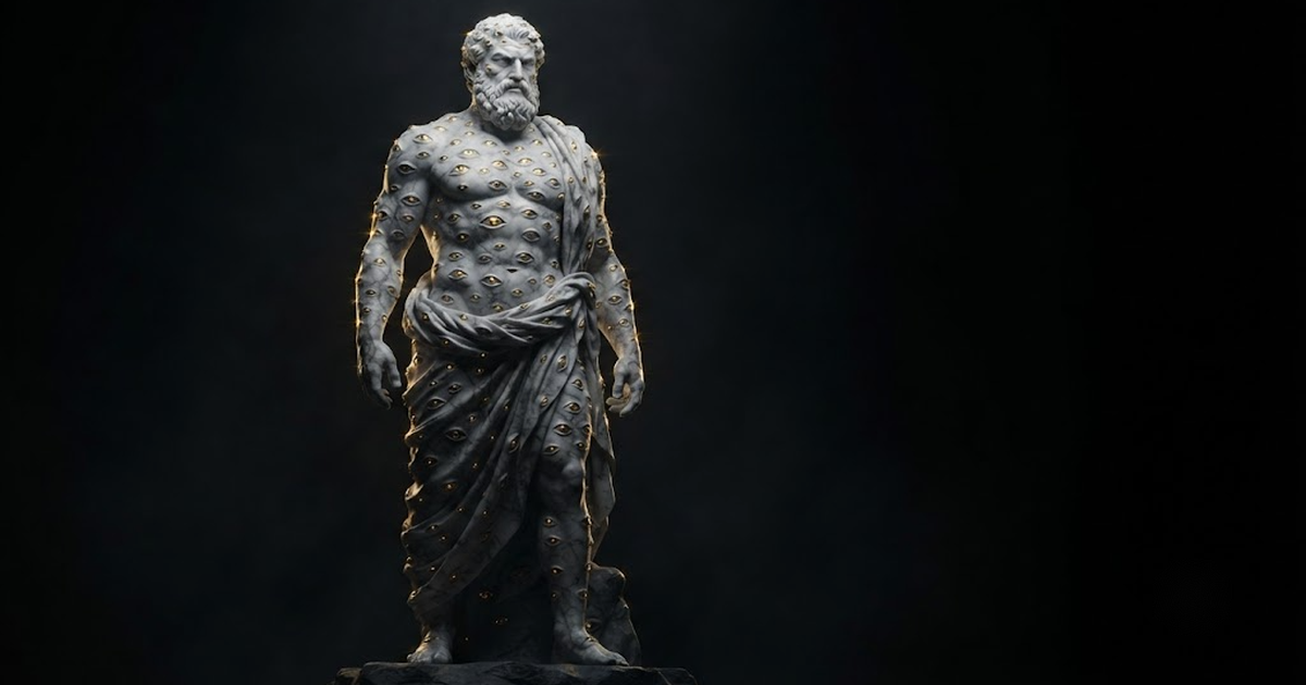 Colossal marble statue of the many-eyed giant Argus Panoptes standing watchful, eyes catching gold light across his form
