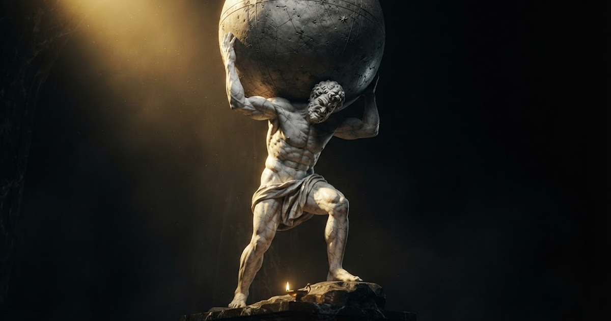 Colossal marble statue of the titan Atlas straining to hold a vast sphere aloft under raking gold light