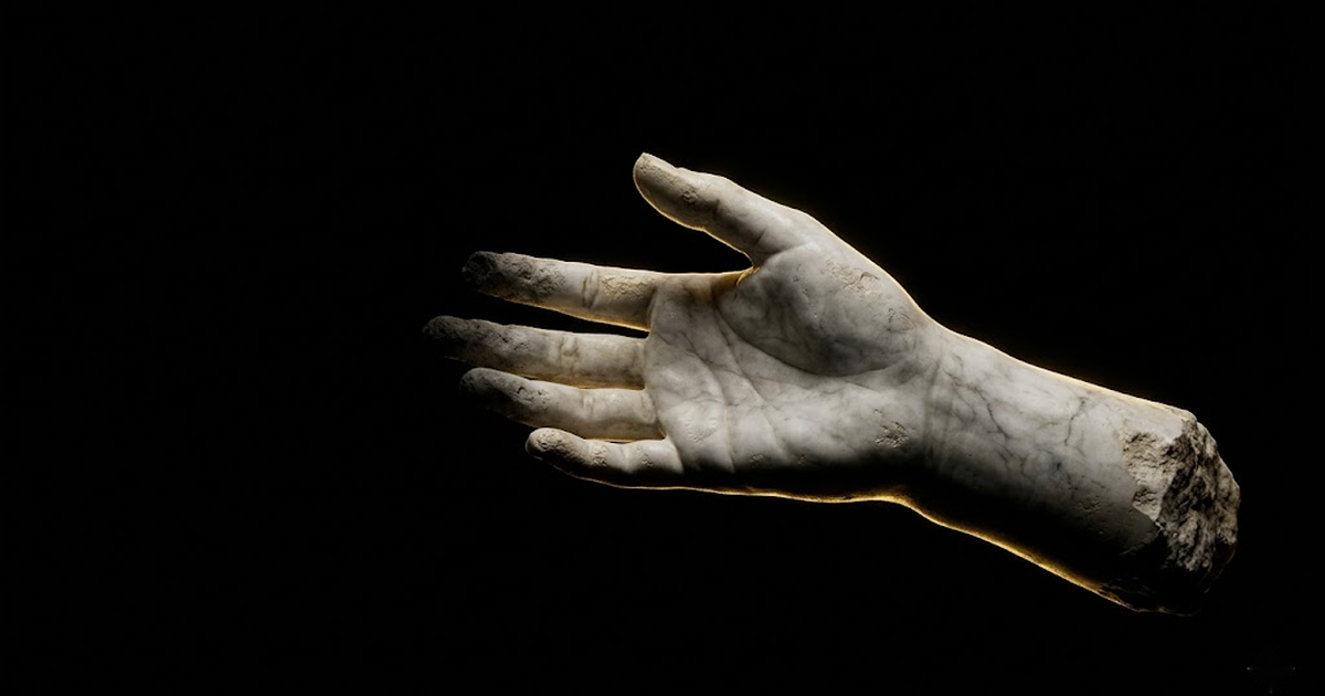 A classical marble hand reaching into deep shadow, fingers dissolving into darkness, lit by a single gold rim light.