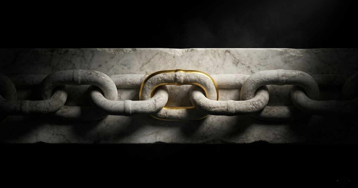 A long marble relief carved as an unbroken chain of interlocking links receding into darkness, one link catching gold light.