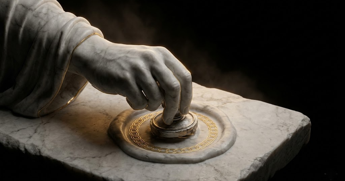 A marble hand pressing a seal into a tablet, the impression forming a gold chain, symbolising a signed and hash-chained record