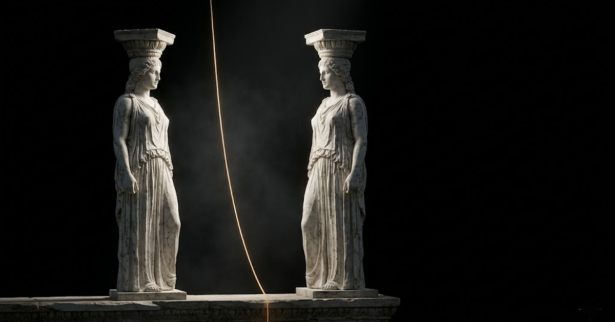 Two marble columns with a single gold thread of light descending between them, evoking an audit root anchored downward to an immutable base