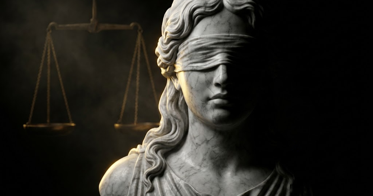 A photoreal marble bust of Themis, goddess of divine law, emerging from pure void black, one half of her face caught in hard satin-gold rim light, empty bronze scales hanging in the dark beside her, volumetric haze, generous dark negative space to the upper right.