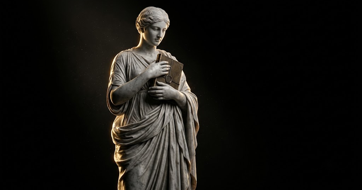 A heroic full-length marble statue of Mnemosyne, the titaness of memory, holding a closed bronze tablet to her chest, carved folds of her robe lit by a single gold rim light against absolute black, volumetric dust in the beam, cinematic shallow depth of field.