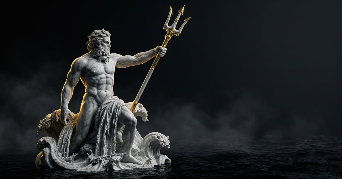 A towering marble Poseidon rising from a black sea, trident in hand, water frozen mid-fall around him in carved stone, hard gold rim light along one shoulder, the deep rendered as pure void, wide cinematic composition with dark clear sky to the upper right.