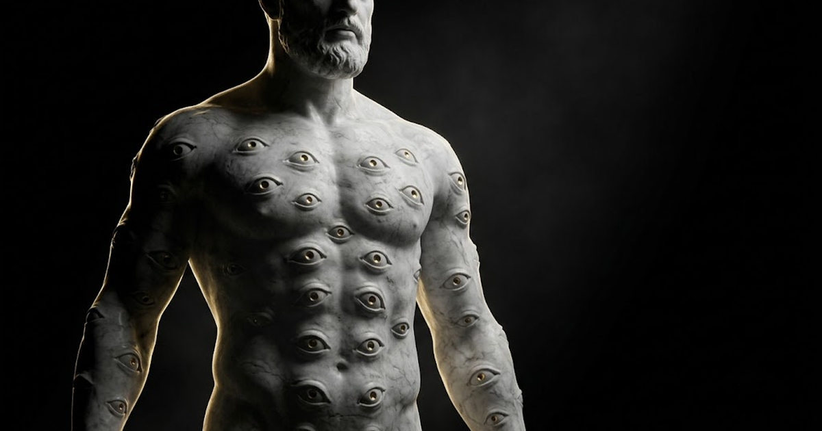 Argus Panoptes, the hundred-eyed watcher, carved as a colossal marble guardian whose torso and arms are studded with open eyes catching points of gold light, standing in total darkness, hyperreal sculpted detail, deep chiaroscuro, dark negative space top right.