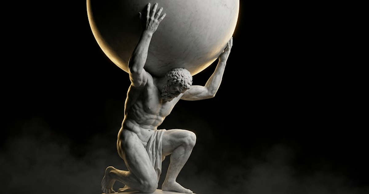 A monumental marble Atlas straining beneath a vast smooth sphere on his shoulders, every tendon carved in hyperreal stone, a single hard gold rim light raking across the curve of the burden, the figure isolated in pure black with haze pooling at his feet.