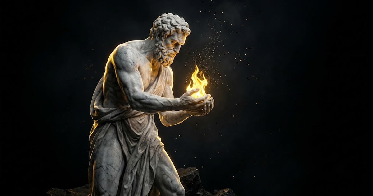 Prometheus rendered in marble holding a single flame carved as living gold light cupped in his hands, his face turned towards it in the dark, hard rim light along his arms, embers drifting as gold motes into deep void-black negative space.