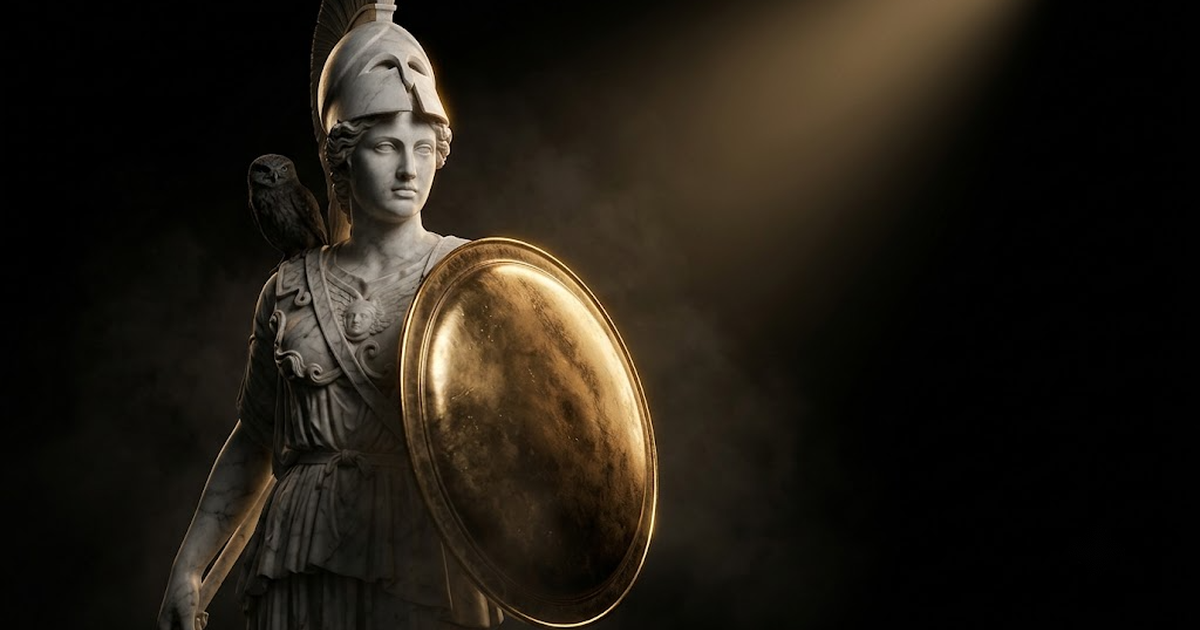 Athena in full marble armour, helmet pushed back, holding a polished bronze shield that catches a single shaft of gold light, owl perched in shadow at her shoulder, strategic calm in her carved expression, isolated against absolute black.